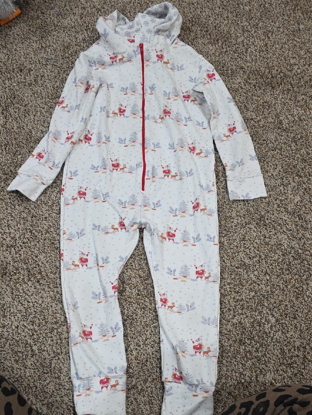 Kids White Holiday Reindeer Hooded Zip-Front One-Piece Pajamas